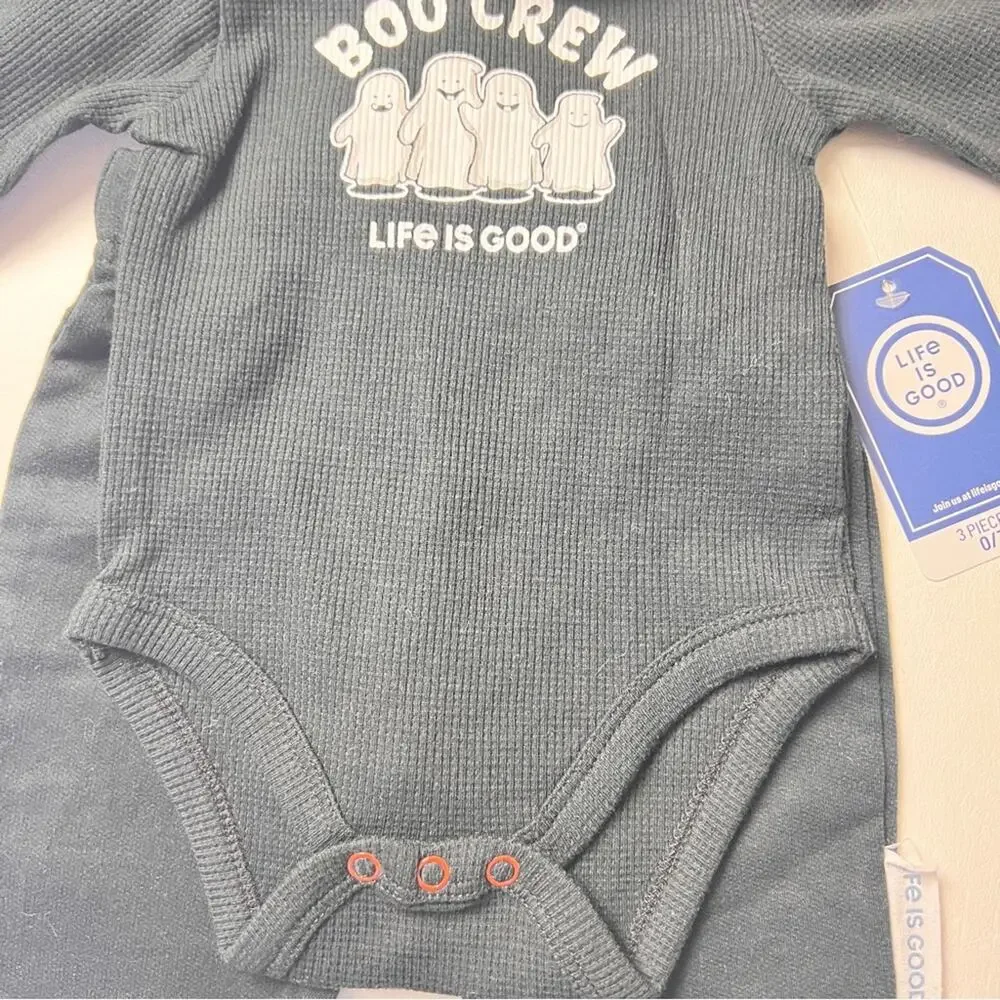 Life Is Good Baby Three Piece Bodysuit Jogger Cap Matching Set Sz 0/3 M